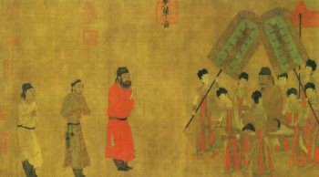 Đường Thái Tông (626-649) đã nhận Ludongzan, sứ giả Tây Tạng vào trong triều; bức tranh được vẽ vào năm 641 sau công nguyên bởi Yan Liben (Đại Kỷ Nguyên)