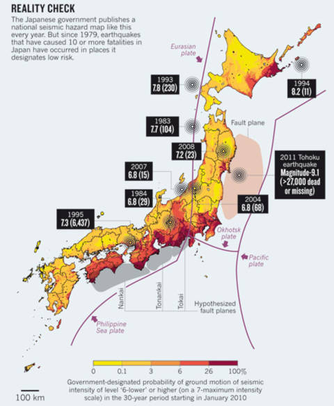Bản đồ xác định nguy cơ địa chấn của Nhật Bản. Đồ họa: The Nature