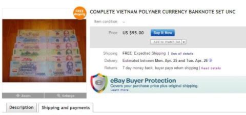 Tiền Việt được rao bán trên eBay