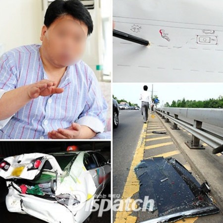 Tài xế Kim trong cuộc phỏng vấn tại bệnh viện, ông vạch sơ đồ để mô tả với phóng viên vụ tai nạn. Ảnh dưới là chiếc taxi màu trắng bị chiếc Audi của Daesung đâm phải.