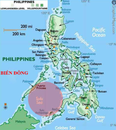 Biển Sulu (trong vòng tròn đỏ nhạt) là nơi hải quân Mỹ và Philippines tiến hành tập trận chung. Vùng biển này cách không xa quần đảo Trường Sa, thuộc tỉnh Khánh Hòa của Việt Nam. Ảnh: Thephilippinesisland