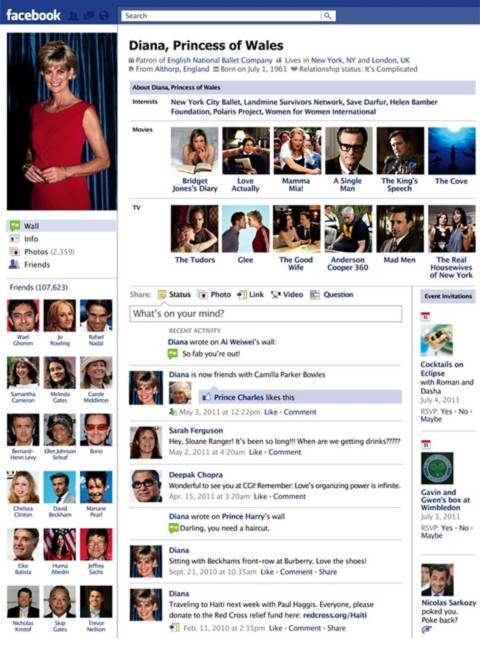 Giao diện tưởng tượng trang Facebook của Công nương Diana, cho thấy bà