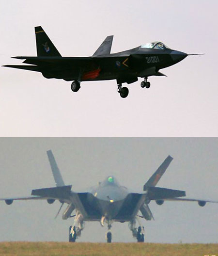 Các chiến đấu cơ tàng hình J-31 (trên) và J-20 của Trung Quốc.