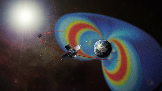 Hình minh họa cặp vệ tinh Van Allen và hai vành đai bức xạ bên ngoài trái đất.