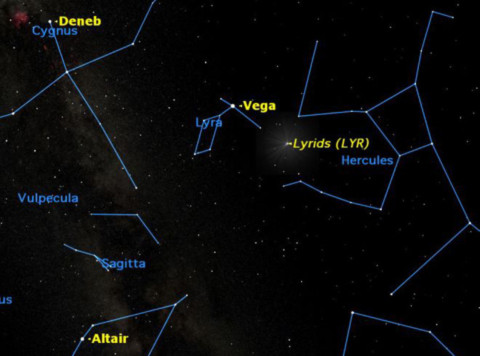 Chòm sao Lyra và trung tâm của trận mưa sao băng Lyrids. Đồ họa: Starry Night Software/Space.