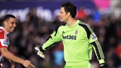 Stoke City's Asmir Begovic, right, scored against Southampton in the Premier League at the Britannia