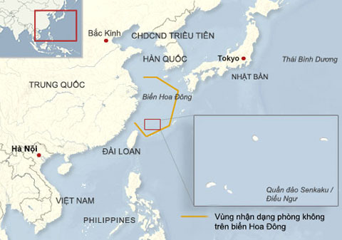 Vùng nhận dạng phòng không mới của Trung Quốc, gồm cả quần đảo Senkaku/Điếu Ngư - Đồ họa: TNO