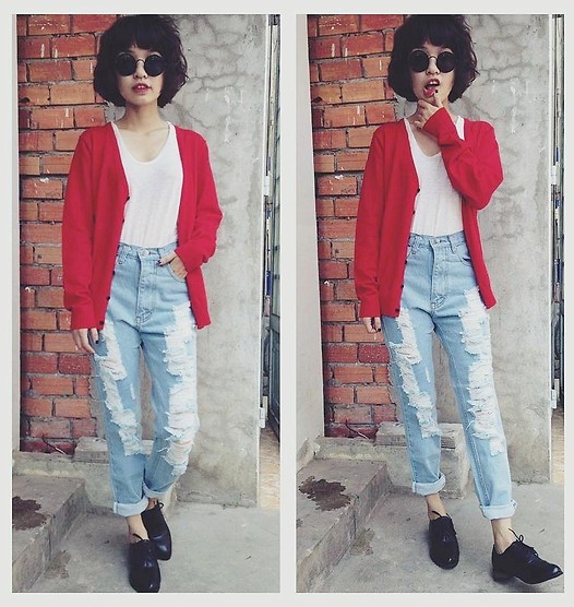 cardigan jeans rach Gặp cô bạn 9X mix trang phục cực chất với đồ cũ