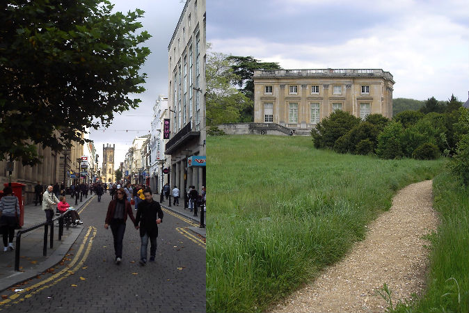 Bên trái: Con phố Bold ở Liverpool, Anh, nơi có nhiều báo cáo về các vụ du hành ngược thời gian. Bên phải: Lâu đài Petit Trianon trong khuôn viên lâu đài Versailes, Pháp nơi hai người phụ nữ đã du hành ngược thời gian vào năm 1901 (wikimedia commons)