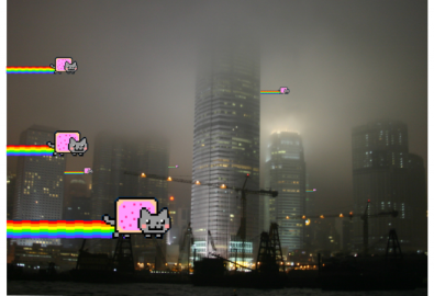 Trong một bức ảnh từ nhóm hacker Anonymous, nhân vật mèo Nyan Cats đang bay đến Trung Quốc. Vào ngày 15 tháng 10 năm 2014, Anonymous tuyên chiến với chính quyền Trung Quốc, và tuyên bố sẽ thực hiện một loạt các vụ tấn công. (Anonymous)