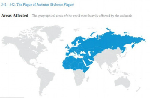 Đại dịch đầu tiên được thể hiện trên bản đồ là bệnh dịch hạch Justinian những năm 541 và 542, lấy đi sinh mạng của 5.000 người. Đó là vùng lãnh thổ Châu Âu, Bắc Phi và Nga hiện nay. Yersinia Pestis  loại virus gây bệnh dịch hạch trong Đế quốc La Mã. Người mắc dịch bệnh có những triệu chứng như sốt, đau đầu, mệt mỏi, hoại tử (các mô trong cơ thể bị chết) và sưng hạch bạch huyết, đặc biệt ở nách và háng.