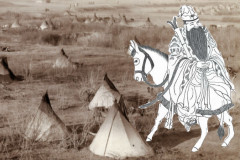 Một bức tranh mô tả Trương Quả Lão cưỡi lừa ngược. (Yeuan Fang / Epoch Times). Ảnh nền: Nơi sinh sống với những túp lều của người Lakota, c. 1891. (John C. Grabill qua Shutterstock *)