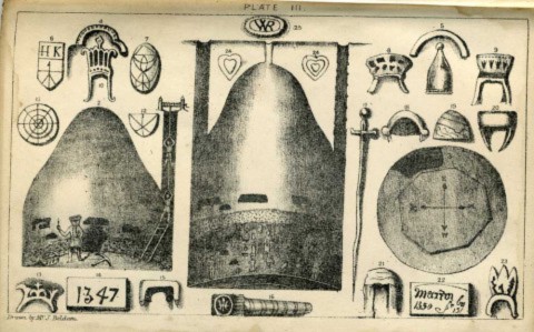 Plate III from Joseph Beldam's book The Origins and Use of the Royston Cave, 1884 showing the shape and floor plan of the cave. (Wikimedia Commons)