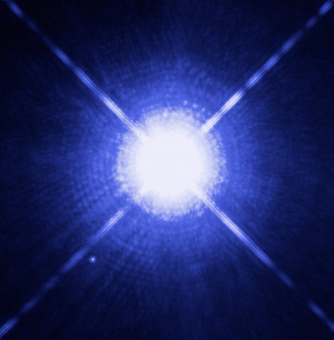 Sirius A and Sirius B as seen by the Hubble Space Telescope. The white dwarf can be seen to the lower left. (NASA, ESA, H. Bond/STScI, M. Barstow/University of Leicester)