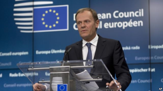 Chủ tịch Hội đồng châu Âu Donald Tusk phát biểu trong một cuộc họp báo tại hội nghị thượng đỉnh EU, Brussels, Bỉ, ngày 19/3/2015.