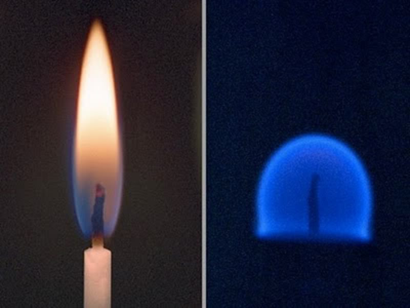 16. Bên trái là hình ảnh ngọn nến cháy tại Trái Đất, còn bên phải là trong môi trường không trọng lượng.