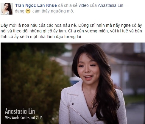 Lan Khuê chia sẻ video của Anastasia Lin trên trang Facebook cá nhân.