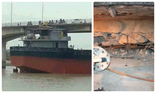 Vụ tàu 3000 tấn đâm vào cầu An Thái: Có nguy cơ sập cầu - Ảnh 1