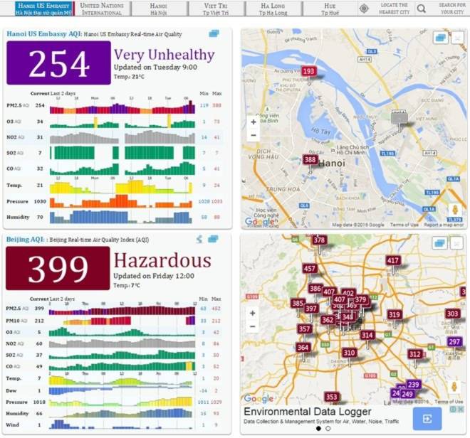 Chỉ số AQI của Hà Nội hôm 1/3 (trên) và Bắc Kinh 4/3 (dưới).
