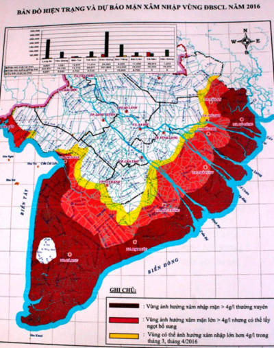 Bản đồ xâm nhập mặn nghiêm trọng nhất trong lịch sử tại miền Tây. Ảnh: Cửu Long