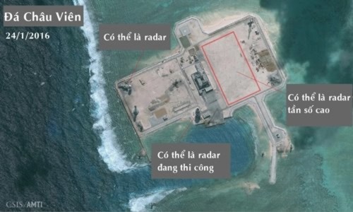 Ảnh vệ tinh cho thấy Trung Quốc có thể đã triển khai radar tần số cao ở đá Châu Viên, quần đảo Trường Sa của Việt Nam. Ảnh: CSIS