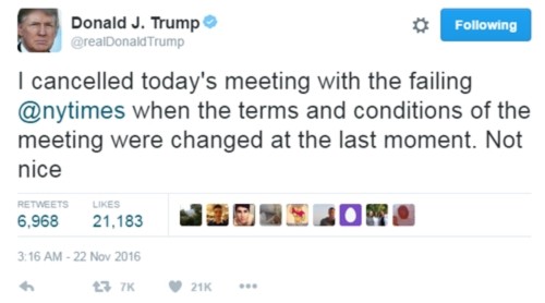 Donald Trump thống báo hủy hẹn với New York Times trên Twitter cá nhân. Ảnh: CNN.