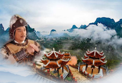 Nùng Trí Cao là người đã khiến quân Tống khiếp đảm, khiến danh tướng Địch Thanh phải vất vả. Trong ảnh là tạo hình danh tướng Địch Thanh và chùa Trúc Lâm Bản Giốc, nơi có thờ Nùng Trí Cao. (Ảnh tổng hợp – Ảnh gốc: Tai Do Khac, taybacvietnam.wordpress.com)