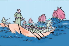 Vua Trần quyết định lên thuyền rút lui để bảo toàn lực lượng. (Ảnh từ violet.vn)