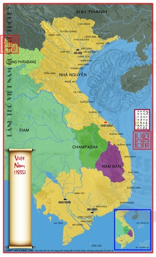 Bản đồ Việt Nam năm 1835 sau khi sáp nhập các vùng đất của Ai Lao và Campuchia
