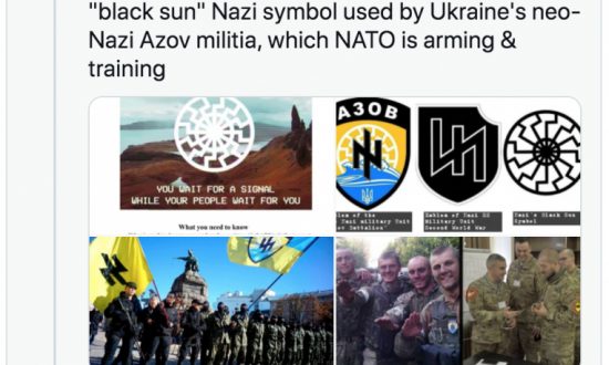 Các chiến binh của Tiểu đoàn Azov đang hoạt động trên khắp đất nước, với phù hiệu của Đức Quốc xã SS gắn trên đồng phục của họ. (Ảnh chụp màn hình Twitter)
