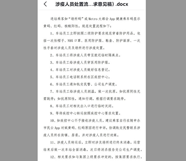 Một phần tài liệu nội bộ của hệ thống tàu điện ngầm Thượng Hải, trong đó nêu chi tiết các biện pháp kiểm soát nghiêm ngặt COVID-19. (Ảnh: The Epoch Times chụp màn hình vào ngày 21/02/2023)